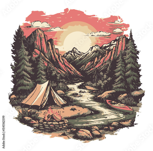 Serene Camping Scene at Sunset with Mountains and Stream Illustration