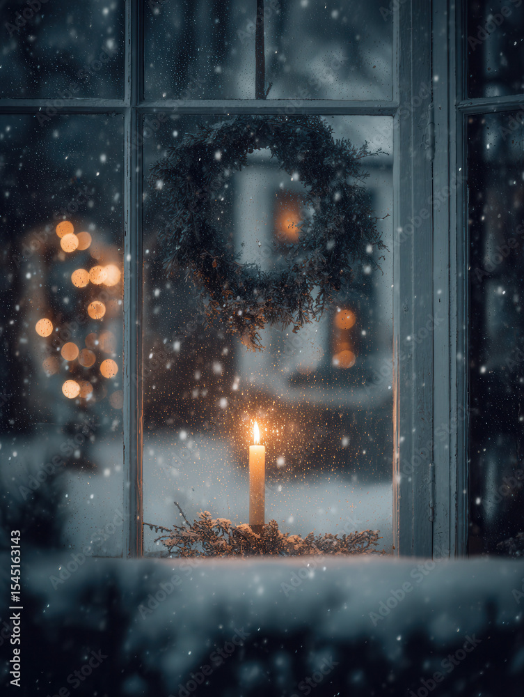 Obraz premium A candle burns on a windowsill, surrounded by snow. A wreath hangs on the window, with soft bokeh lights in the background. Winter scene with a cozy atmosphere.