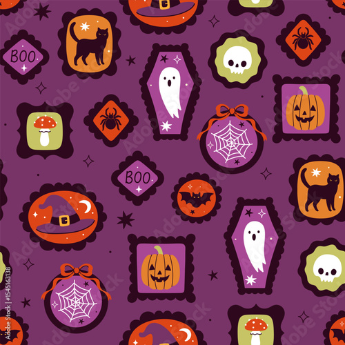Seamless pattern with Halloween items in frames. Vector graphics.