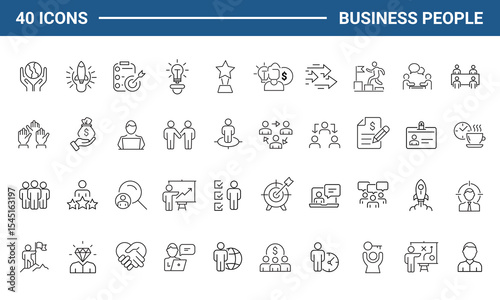 Business People set of web icons in line style. Teamwork in business management icons for web and mobile app. Business meeting, handshake, agreement, human resources, office management, workplace team