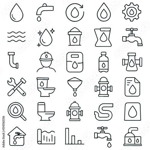 A collection of thirty water infrastructure-related outline icons.  Collection of linear icons.  stroke that can be adjusted.  Illustration in vector format
