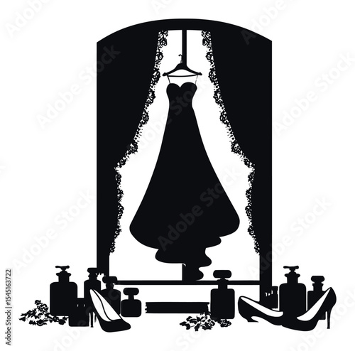 Elegant Silhouette of a Dress with Perfumes and Shoes in a Dressing Room
