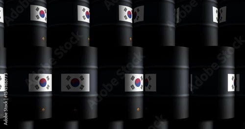 South Korea chemical and oil business barrels in row seamless and loopable concept. South Korean petrol industrial containers.