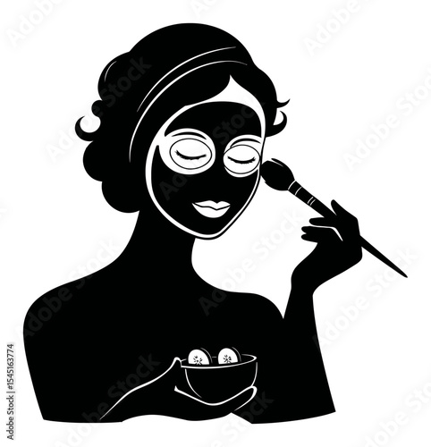 Elegant Silhouette of Woman with Face Mask and Cucumber Slices
