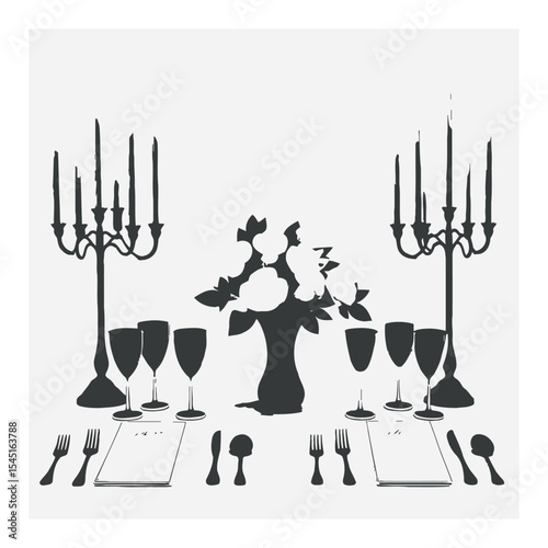 Elegant Silhouette of Formal Dining Table with Candles and Centerpiece Decoration