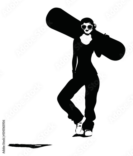 Stylish Silhouette of Woman Holding Snowboard with Sunglasses in Blacks