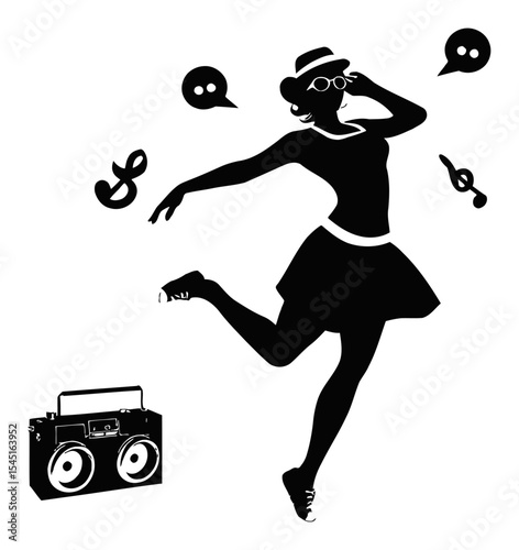Dynamic Silhouette of Dancing Woman with Boombox and Speech Bubbles