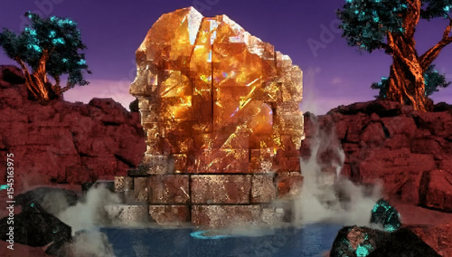 Golden Crystal Formation in Steamy Landscape with Glowing Trees and Purple Sky.