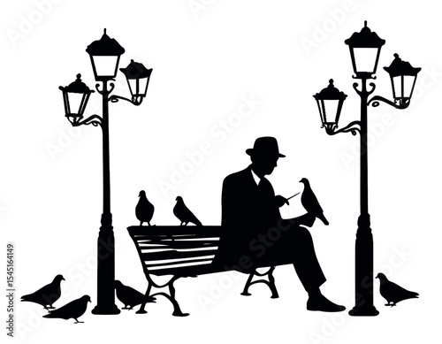 Man Sitting on Bench Feeding Birds Under Streetlights in Silhouette