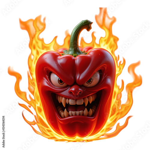 Red chili pepper cartoon with evil smile and fiery flames on background isolated on transparent background