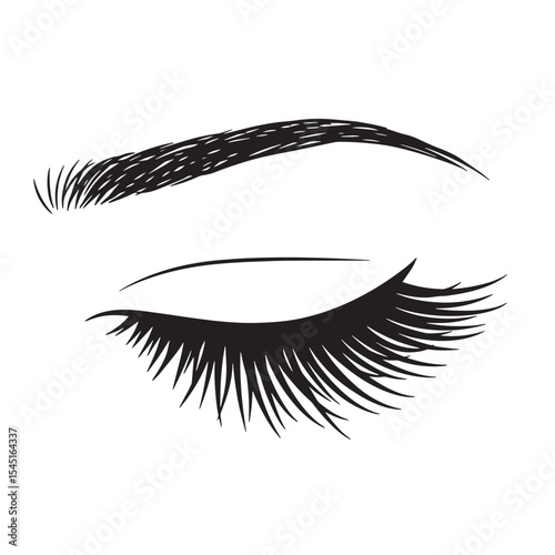 Elegant vintage art silhouette of a closed eye with dramatic lashes and a bold eyebrow