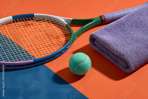 A racket and tennis ball sit by a towel on a bright court, showcasing match readiness