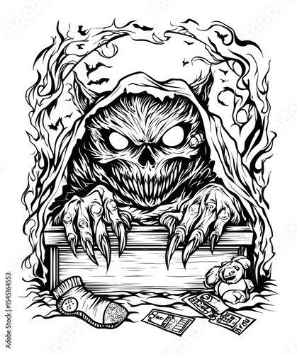 Sinister Creature Emerging from Shadows in Hand-Drawn Black and White Style