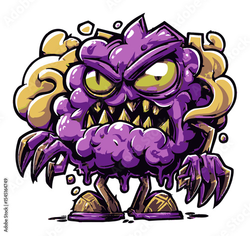 Cartoon Monster with Sharp Teeth and Angry Expression in Vibrant Colors