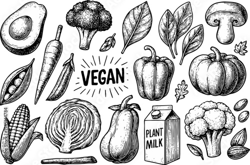 Hand-drawn black and white vegetables and fruits with a vegan label, sketched in detailed ink style, perfect for organic, natural food and plant-based nutrition concepts