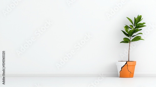 Small plant with green leaves in a cracked orange and white pot against a white wall