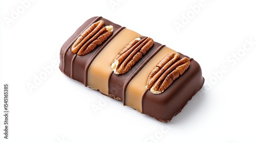 Dark chocolate and caramel bar with three pecan halves A close up studio shot on white background