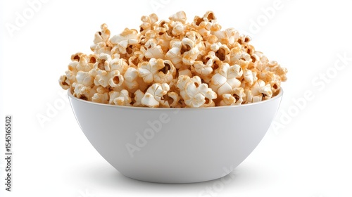 Buttery popcorn in a white bowl against a white background A full bowl of popcorn
