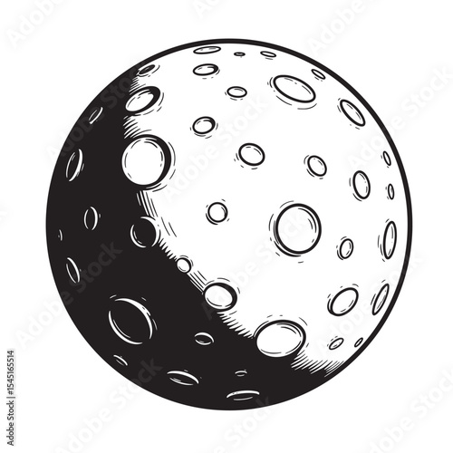 Hand drawn lunar illustration with craters and shadows in a vintage art silhouette style perfect for space exploration and design projects.