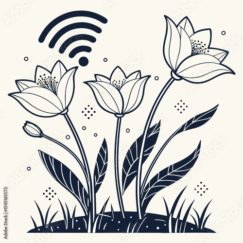 Illustration of three outlined flowers with leaves and a wifi symbol on a light background color