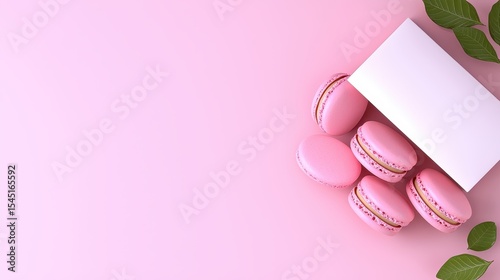 Pink Macarons and Blank White Card on Pink Background with Green Leaves