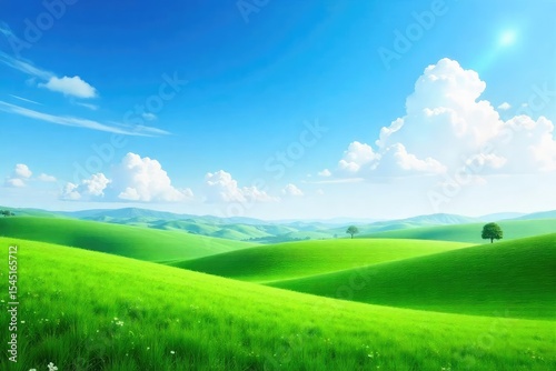 A serene, expansive landscape featuring a vast, clear sky above rolling hills and lush green fields Perfect for backgrounds requiring tranquility and natural beauty , scenery, calm