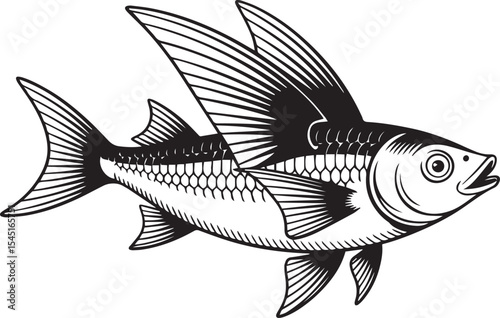 Whimsical Flying Fish with Wings – Black Vector Line Art Illustration