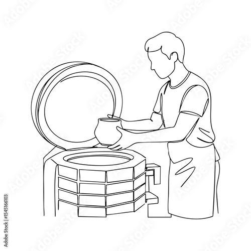 Vector line art of a man placing a pot into a ceramic kiln, minimal outline drawing of pottery firing process