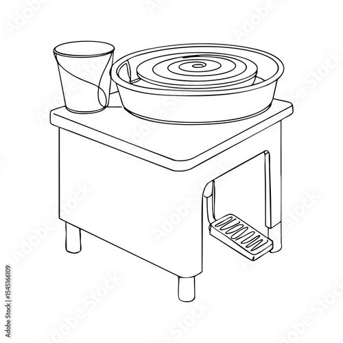 Vector line art of an electric pottery wheel with pedal and cup, clean minimal equipment illustration