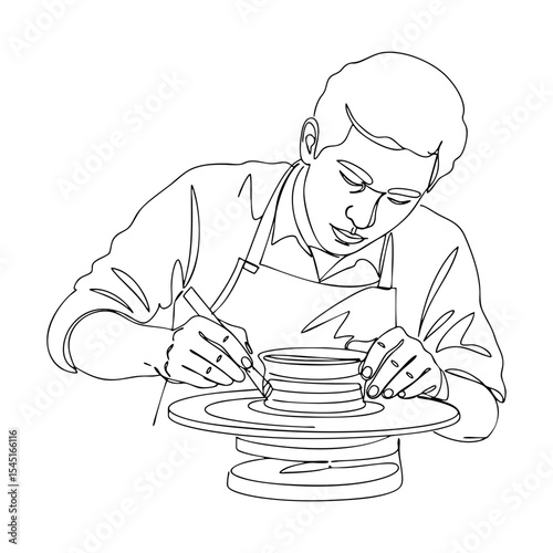 Vector line art of a man decorating a low clay vessel on a pottery wheel, adding details with a carving tool