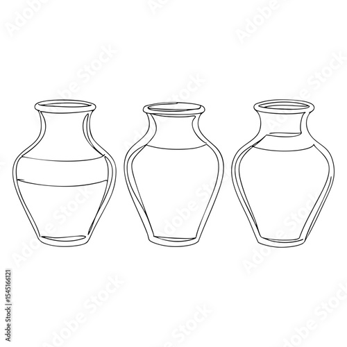 Vector line art of three different ceramic vases, simple black outline drawing with varying forms