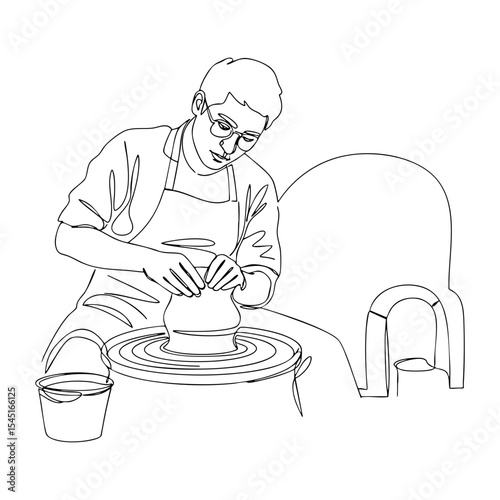 Vector line art of a male potter shaping clay on a wheel, wearing apron and glasses, clean outline style