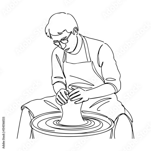Vector line art of a male potter shaping clay on a wheel, minimal black outline drawing of ceramic work