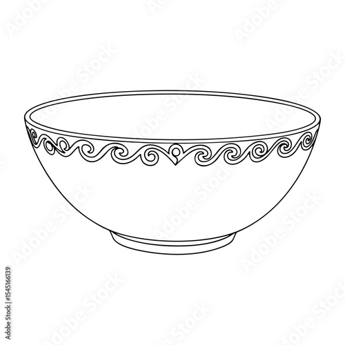 Vector line art of a ceramic bowl with ornamental border design, elegant black outline illustration