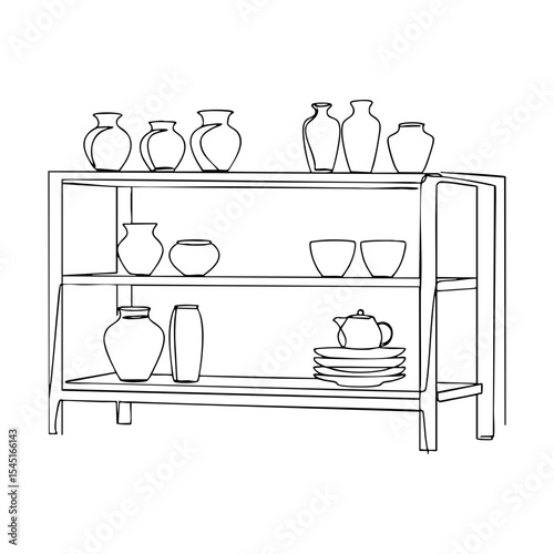 Vector line art of a shelf filled with pottery items like vases, cups, plates and teapot, clean outline sketch