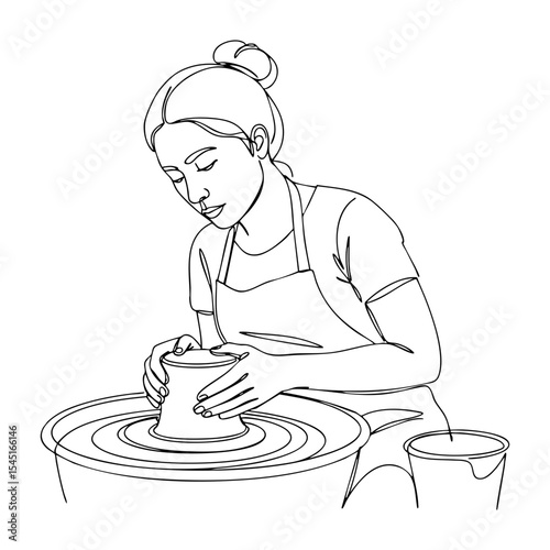 Vector line art of a woman shaping clay on a pottery wheel, focused expression, mid-process