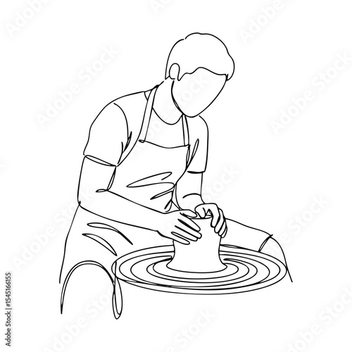 Vector line art of a young man crafting clay on a pottery wheel, focused on forming a rounded shape
