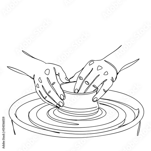 Vector line art of hands sculpting a small clay bowl on a pottery wheel, close-up with splashes of clay