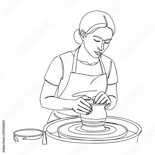 Vector line art of a woman creating a ceramic pot on a spinning pottery wheel, studio scene