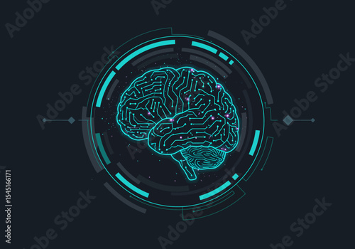 A digital illustration of a brain, highlighted within a technological circular interface.