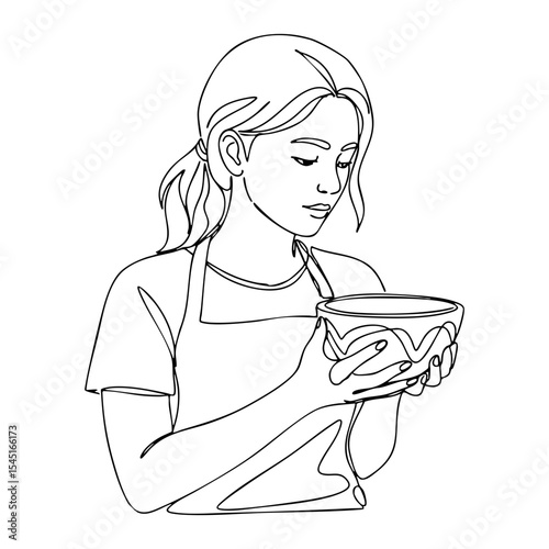 Vector line drawing of a woman in apron admiring her handmade ceramic bowl, expressing satisfaction with her creation