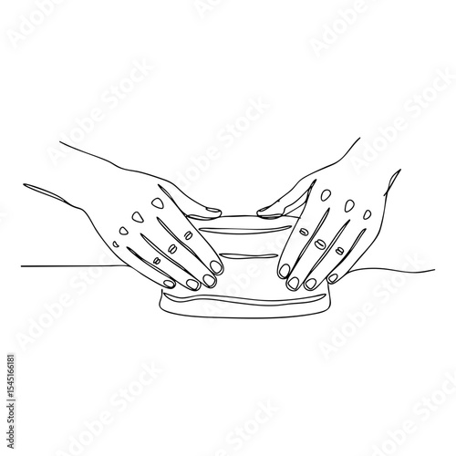 Vector line drawing of two hands flattening clay on a work surface, showing sculpting and pottery preparation