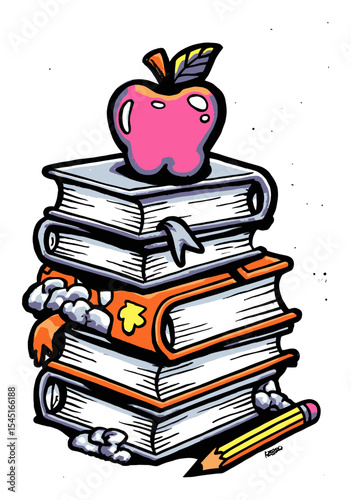 Colorful Cartoon Stack of Books with Apple and Pencil for Education Theme