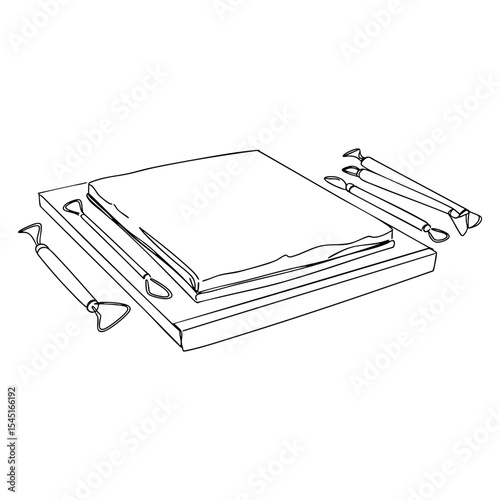 Vector line art of clay slab and sculpting tools arranged on a wooden board, representing pottery preparation setup