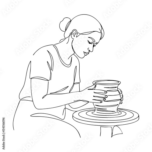 Vector line illustration of a focused woman shaping a clay vase on a potter’s wheel, engaged in a pottery-making process