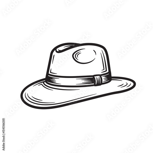 Vintage art silhouette illustration of a classic fedora hat depicted in black and white for design purposes