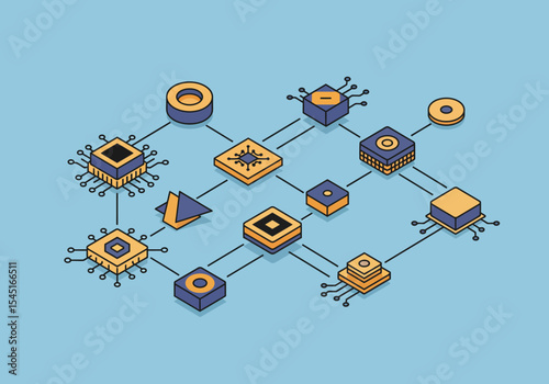 Isometric illustration of interconnected computer chips and electronic components on a light blue background.