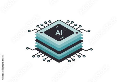 Illustration of a layered circuit board with AI text, representing technology and innovation.