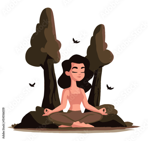 Serene Woman Meditating in Nature Surrounded by Trees and Birds