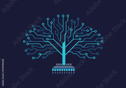 Abstract digital tree illustration with circuit board roots and branches against a dark blue background.